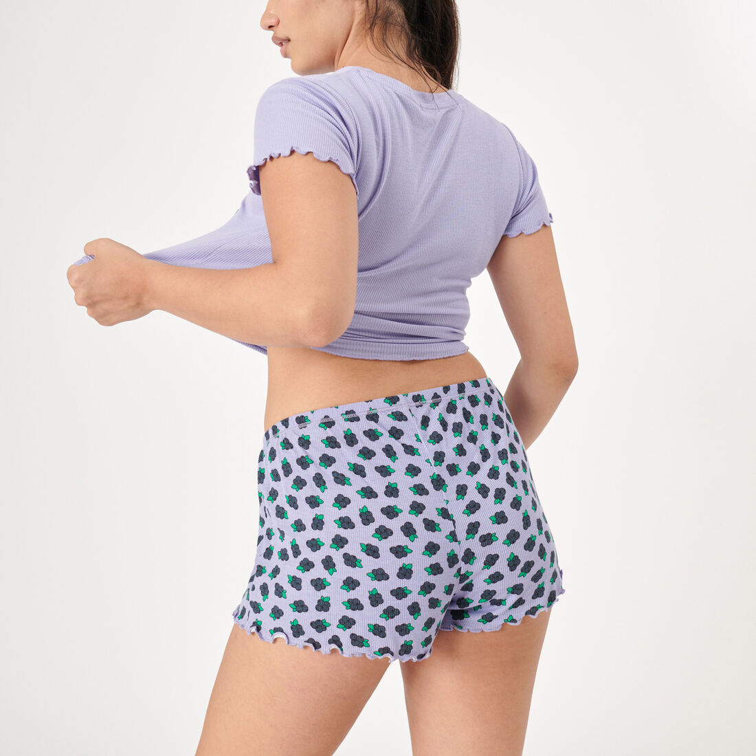 blueberry patterned shorts;