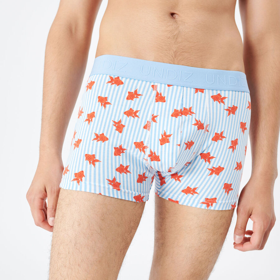 striped boxers with red fish pattern;