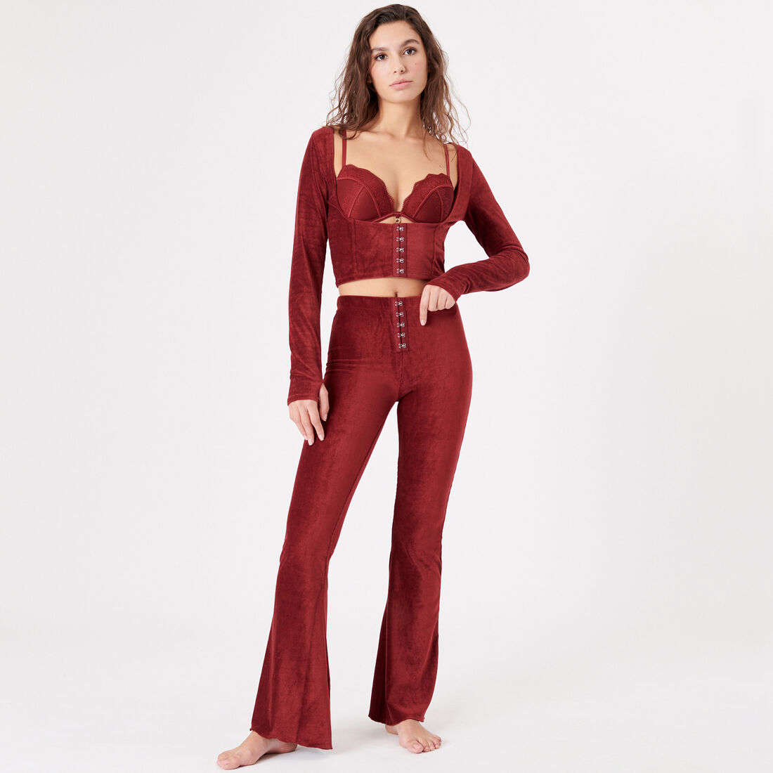 flared cord trousers with hooks - burgundy;