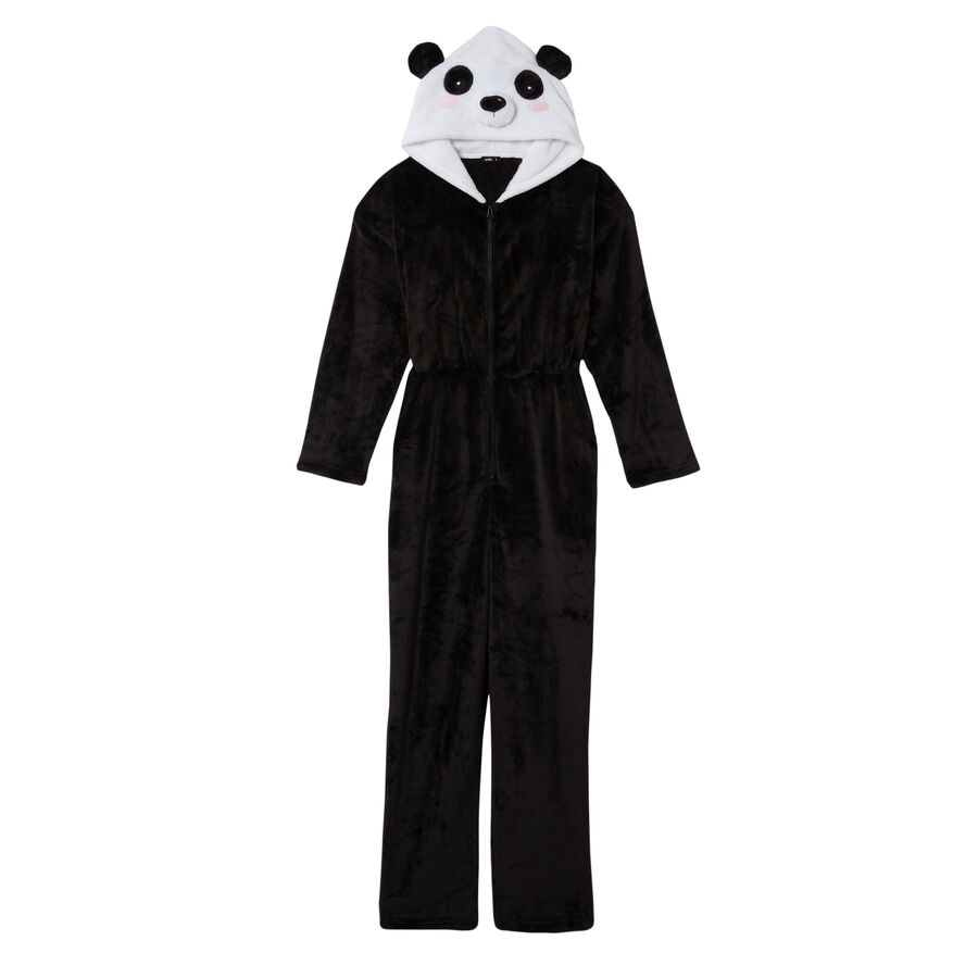 fleece jumpsuit with panda hood - black;