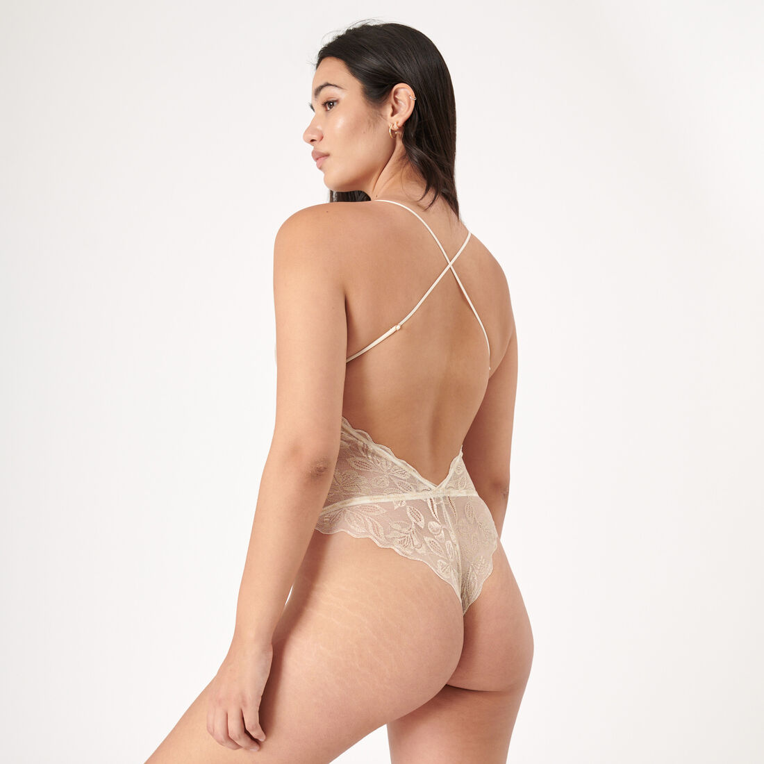 lace bodysuit with pearl and no underwire;