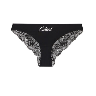 microfibre and lace briefs with bow and "cutest" print - black;
