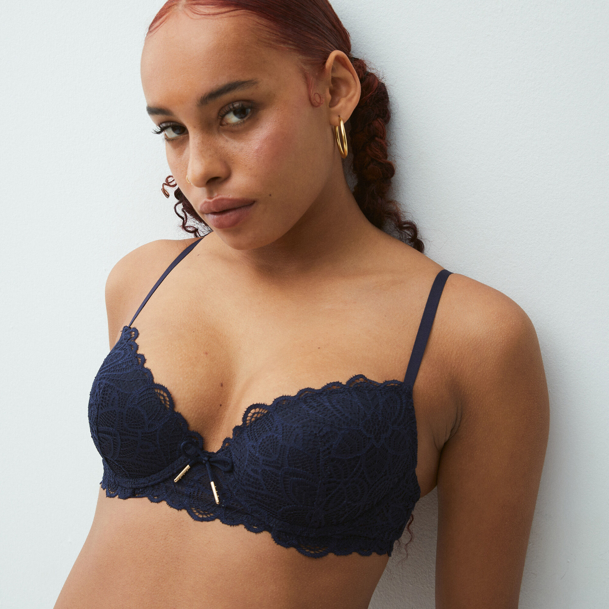 padded lace bra with lace-up details - orange red