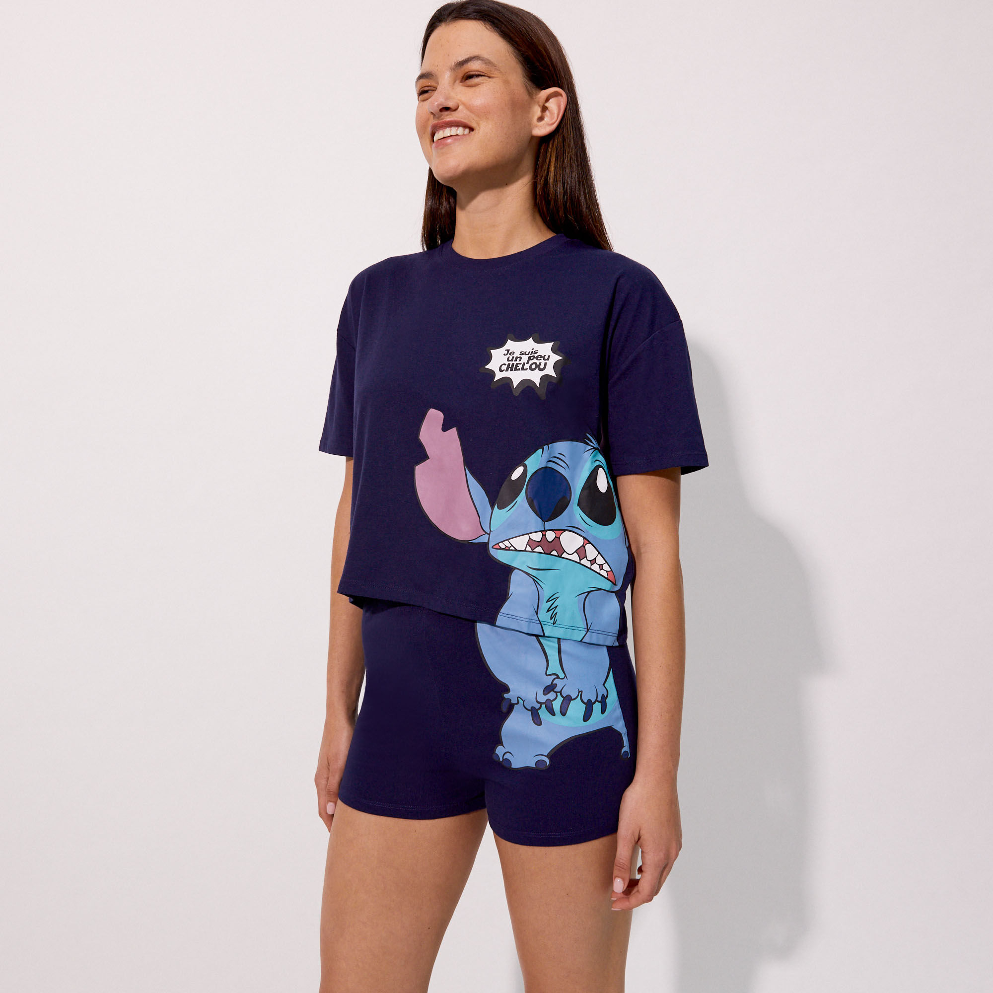 ensemble tee-shirt et culotte stitch - bleu marine - Undiz